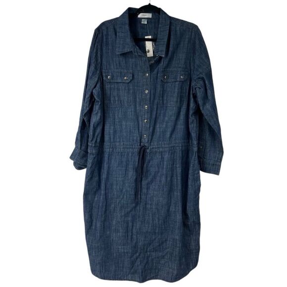 CJ Banks Dresses & Skirts - CJ Banks Dark Blue Chambray Shift Long Sleeve Drawstring Waist Dress